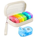 AMOOS Cute Pill Organizer 2 Times a Day, PU Leather Pill Case for Women, Portable Weekly Pill Box for Purse with Storage Bag to Hold Vitamins, Medications, Fish Oils, Supplements (Beige)