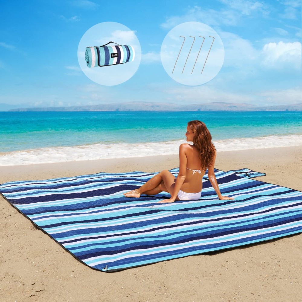 ZAZE Beach Blanket Picnic Blankets with Stakes, Thick 3-Layer 80*80 Oversized Waterproof Sandproof Compact Outdoor Mat, Big Extra Large Foldable Camping Park Vacation Travel Accessories(Blue Stripe)