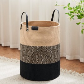 VIPOSCO Tall Laundry Basket, Large Dirty Clothes Hamper with Leather Handle, Woven Rope Storage Basket for Blanket, Toy In Living Room, Bathroom, Bedroom - 58L Brown & Black