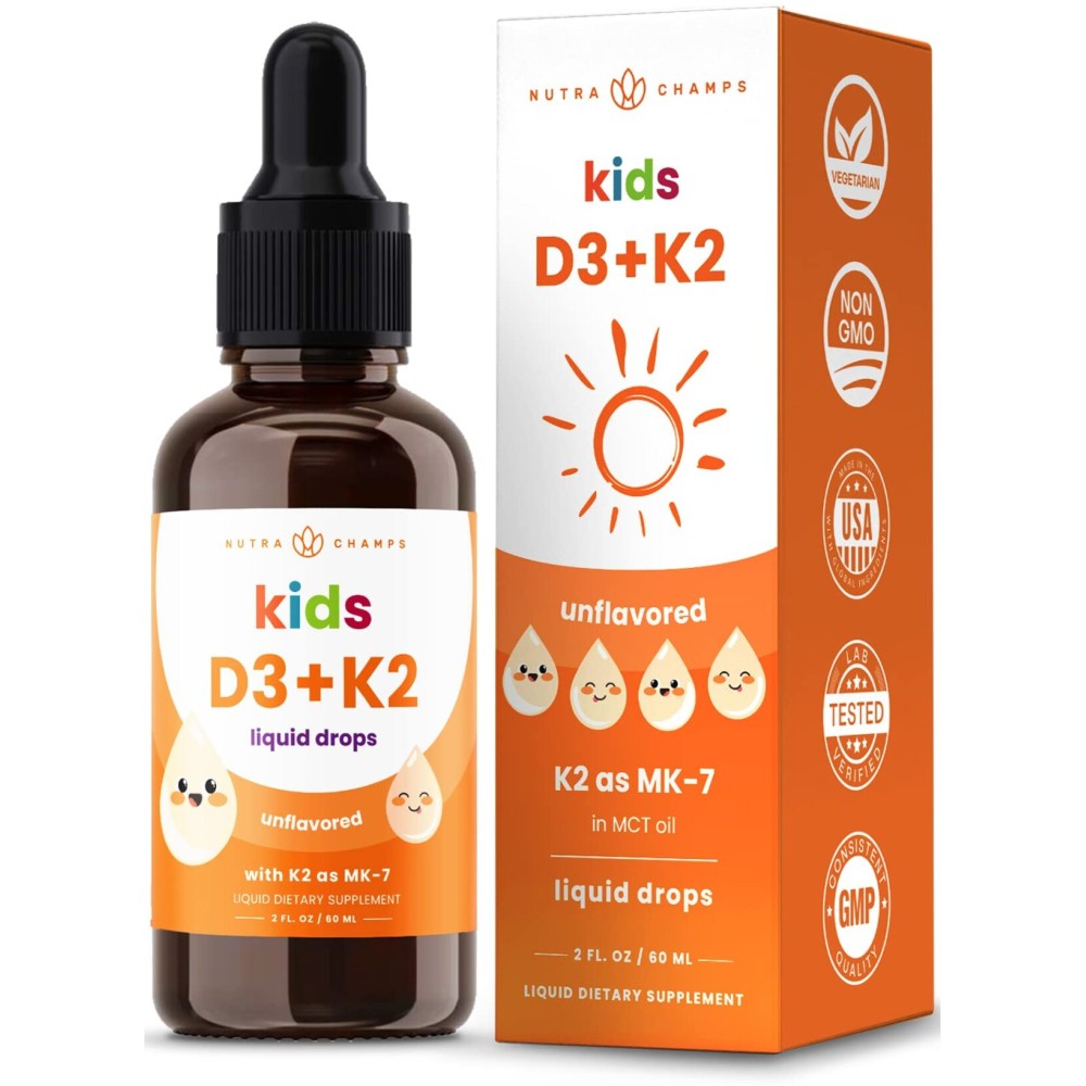 NutraChamps Kids Vitamin D 3 K2 Drops, Vitamin D3 & K2 MK-7, Liquid Vitamin D for Kids 1000 IU, Healthy Bones, Heart & Immune System, Sugar Free Supplement for Toddlers, 300 Servings
