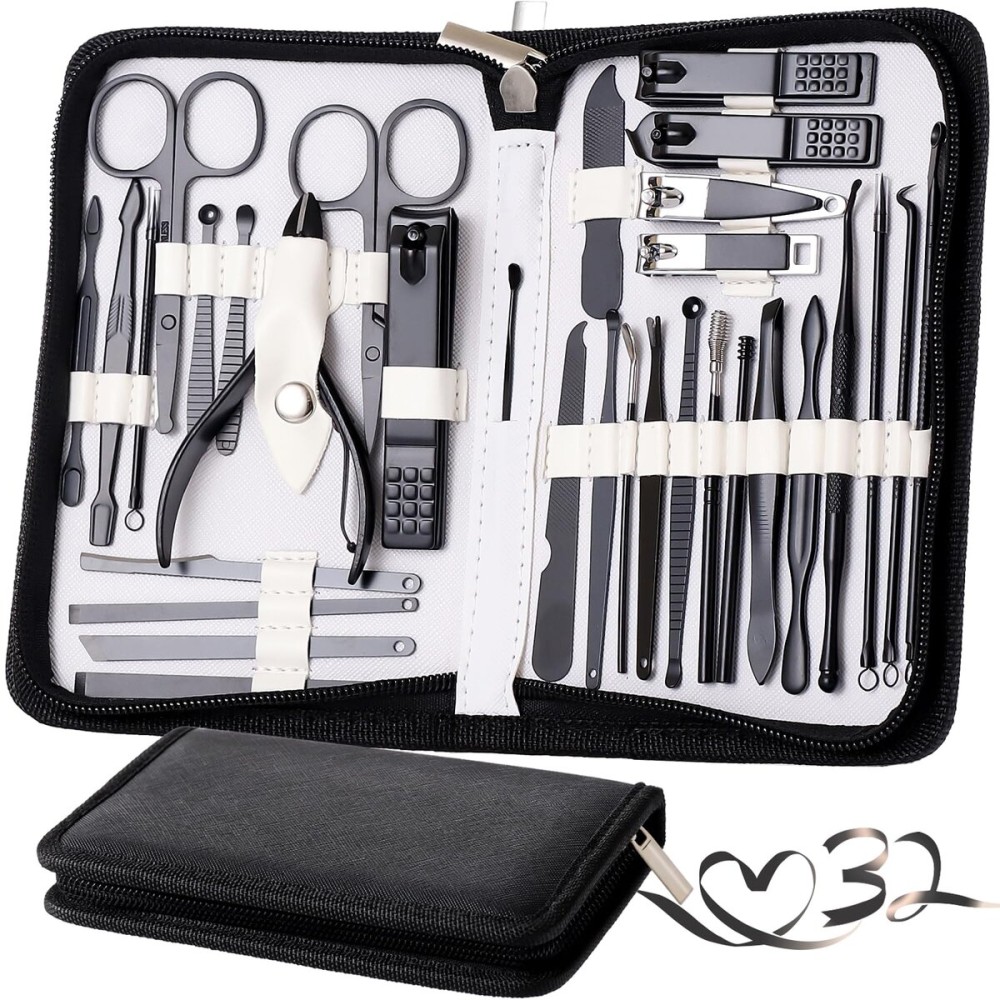 Manicure Set Pedicure Kit Womens Nail Clippers Set 32 in 1 Professional Grooming Care Tools Nail Kit Including Facial, Fingernails and Toenails Care with Travel Case Women (White/Black_32 in 1)