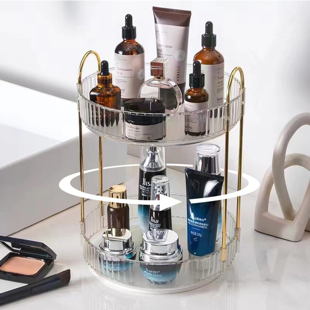shuang qing Rotating Makeup Organizer for Vanity, High-Capacity Skincare Clear Make Up Storage Perfume Organizers Cosmetic Dresser Organizer Countertop 360 Spinning (Clear, 2 Tier)