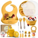 O\'doe 17-Piece BPA-Free Silicone Baby Feeding Set | Thick & Soft Suction Plates, Baby Bowls, Wooden Fork & Spoon, and More | Make Mealtime Fun and Easy for Your Little One (Yellow, V2)