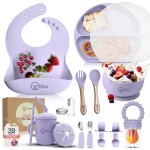 O\'doe 17-Piece BPA-Free Silicone Baby Feeding Set | Thick & Soft Suction Plates, Baby Bowls, Wooden Fork & Spoon, and More | Make Mealtime Fun and Easy for Your Little One (Purple, V2)