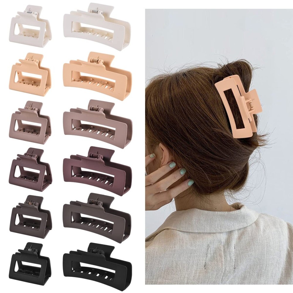 12 Pcs Rectangle Hair Clips, Hair Accessories for Women and Girls, Including 6 Pcs 4 Inch Large Claw Clips for ThickHair and 6 Pcs 2 inch Small Claw Clips for ThinHair (Neutral)