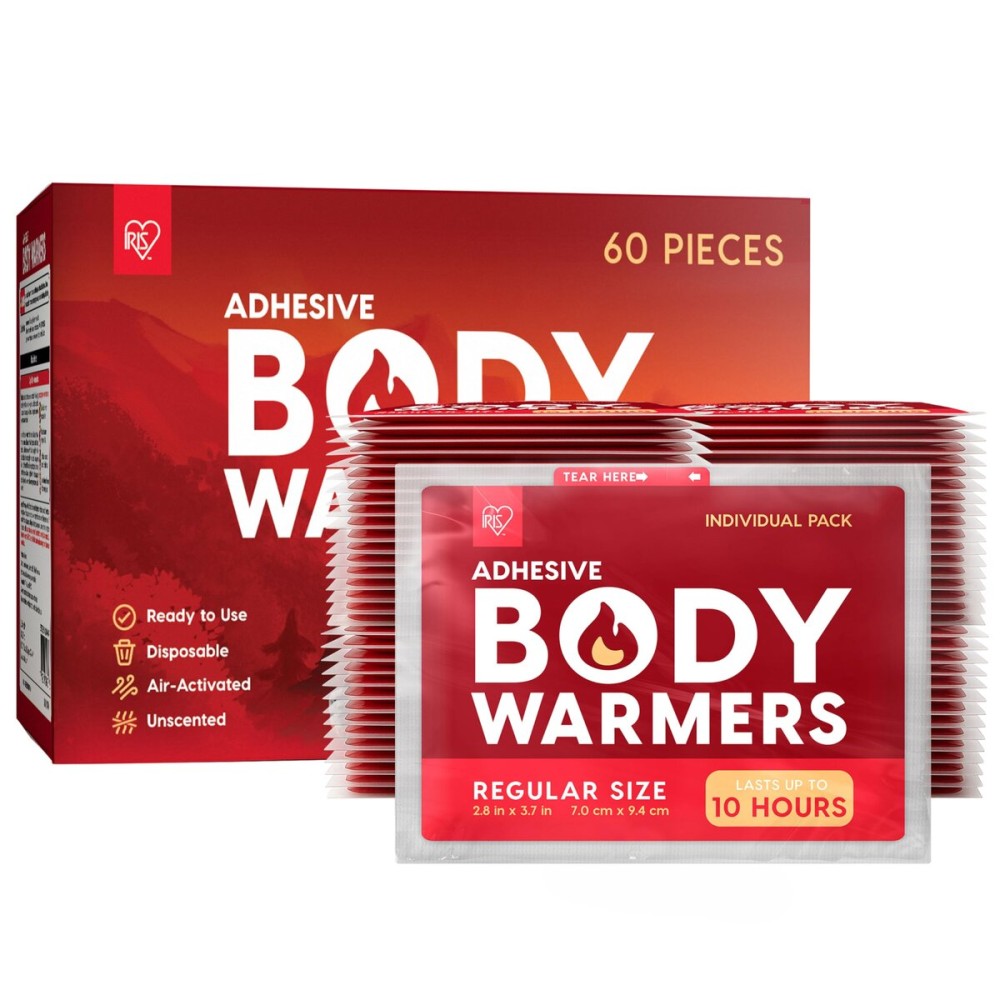 IRIS USA Hand Warmers, Regular - 60 Individual Warmers, Adhesive Body Warmers Up to 10 Hours Disposable Handwarmers Bulk for Hot Hands Feet Chest Back Legs, TSA-Approved, Skiing Camping Outdoor