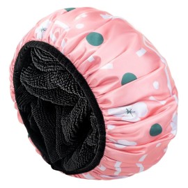 Aquior Shower Cap,Extra Large Triple Layer Bathing Cap with Dry Hair Function for Women Microfiber Terry Cloth Silky Satin 100%% Waterproof Reusable Long Hair Bath Caps (Pink Flora)