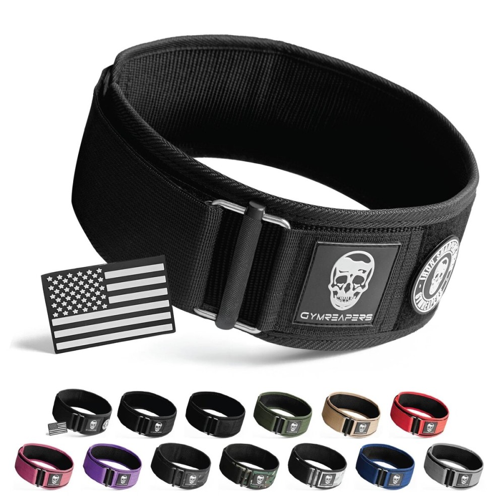 Gymreapers Quick Locking Weightlifting Belt for Bodybuilding, Powerlifting, Cross Training - 4 Inch Neoprene with Metal Buckle - Adjustable Olympic Lifting Back Support (Large, Black - Patch)