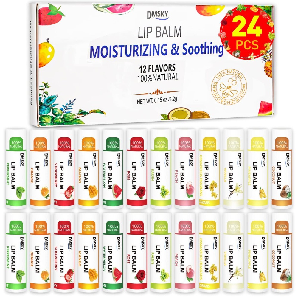 Dmsky 24 Pack Natural Lip Balm with Vitamin E and Coconut Oil, Moisturizing Lip Balm for Chapped Lips, 12 Flavors