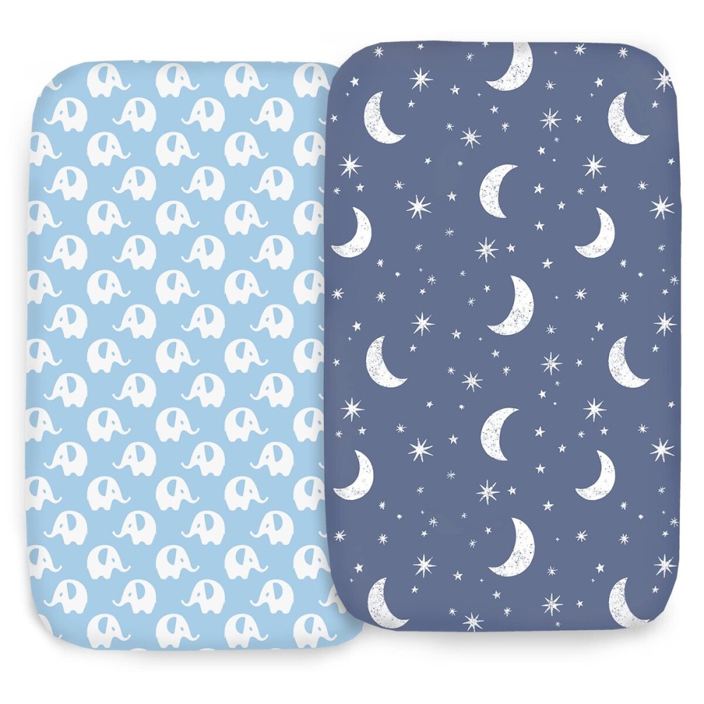 100% Organic Cotton 2 Pk Bedside Sleeper Bassinet Fitted Mattress Sheets for Mika Micky, Baby Delight, Ronbei, Chicco, KoolerThings, Cloud Baby, AMKE, Angelbliss, Maxi-COSI, Arm\'s Reach and More. Boy