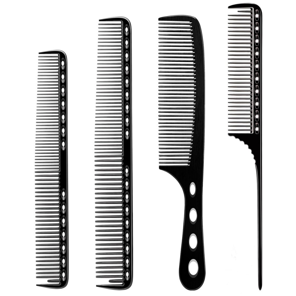 CGBARBER 4 Types Aluminum Hair Combs for Cutting Stainless Steel Hair Tail Metal Comb (Black)
