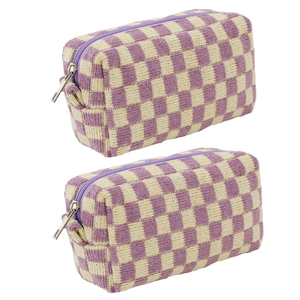 SxoSyo 2 Pcs Cosmetic Bags for Women Makeup Bag Purse Travel Toiletry Zipper Storage Pouch Make up Brushes Organizer for Gifts (Checkered, Purple 2)