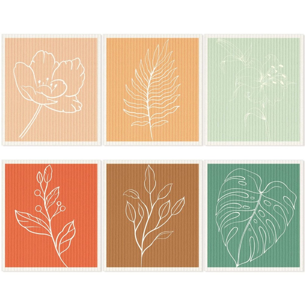 6 Pcs Swedish Kitchen Dish Cloths Kitchen Towels Reusable Sponge Cleaning Cloths Wipes Absorbent Dish Cloth Quick Drying Washable Decorative Tea Towels No Odor Bar Hand Towel (Abstract Leaves)