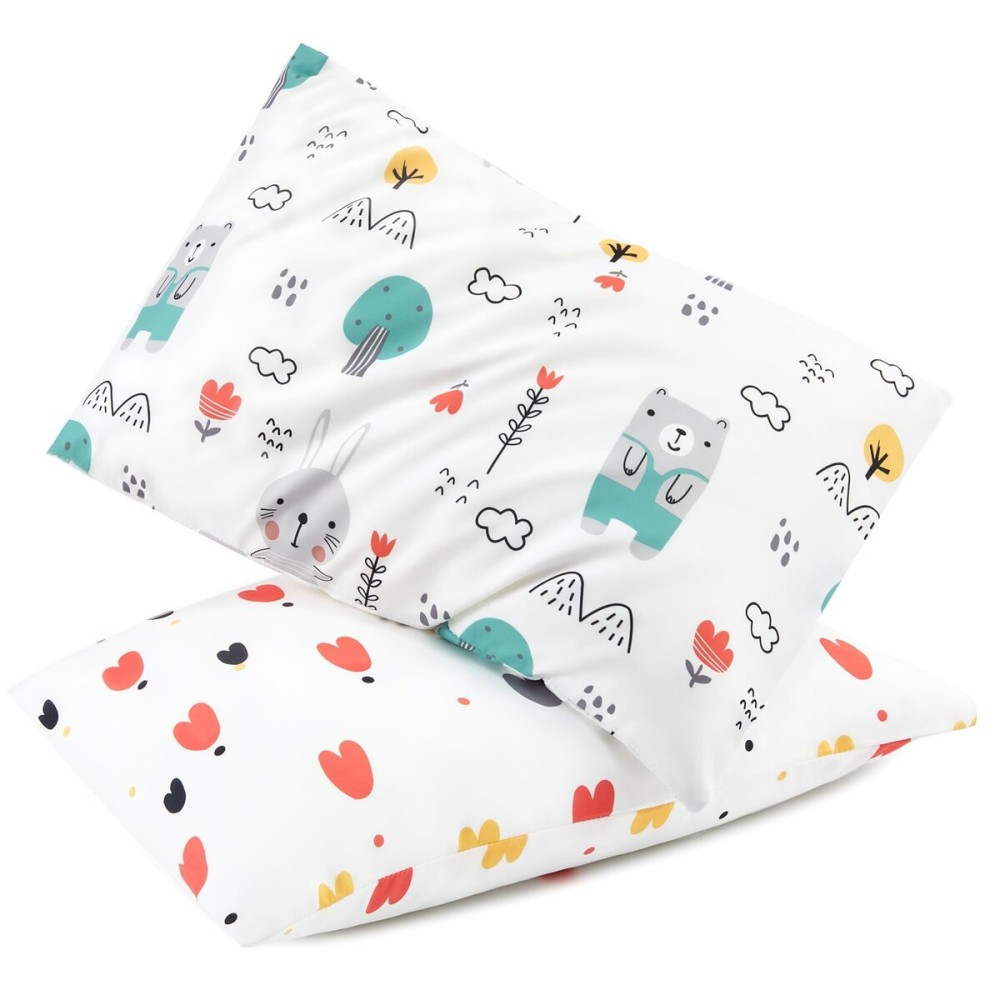 TILLYOU Toddler Pillowcase 2 Pack with Envelope Closure,Silky Soft Microfiber 13 x 18 Kids Travel Pillow Cases,Bib Bear & Colorful Love