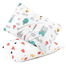 TILLYOU Toddler Pillowcase 2 Pack with Envelope Closure,Silky Soft Microfiber 13 x 18 Kids Travel Pillow Cases,Bib Bear & Colorful Love