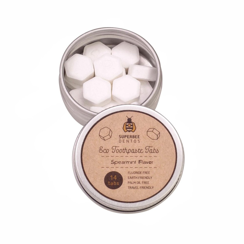 SuperBee Dentos Toothpaste Tablets, 14 Tabs, Fluoride Free & Eco Friendly, Travel Mouthwash Tablets, Sensitive Bites Kids Adults, Chewable Tablet, Spearmint