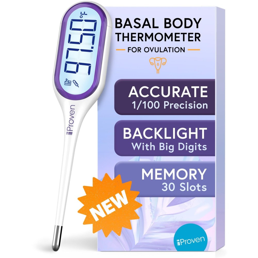 iProven Basal Body Thermometer with Backlight & Big Digits, 1/100 Degree High Precision, BBT for Ovulation Tracking, 30 Memory Recall, Accurate Fertility Temperature Tracker