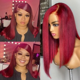 HIRIREMY Bob Wig Human Hair 13x4 HD Lace Frontal Short Straight Lace Front Bob Wigs for Black Women Human Hair Pre Plucked Glueless Side Part 180% Density Wine Red 99J Burgundy Color 16 Inch