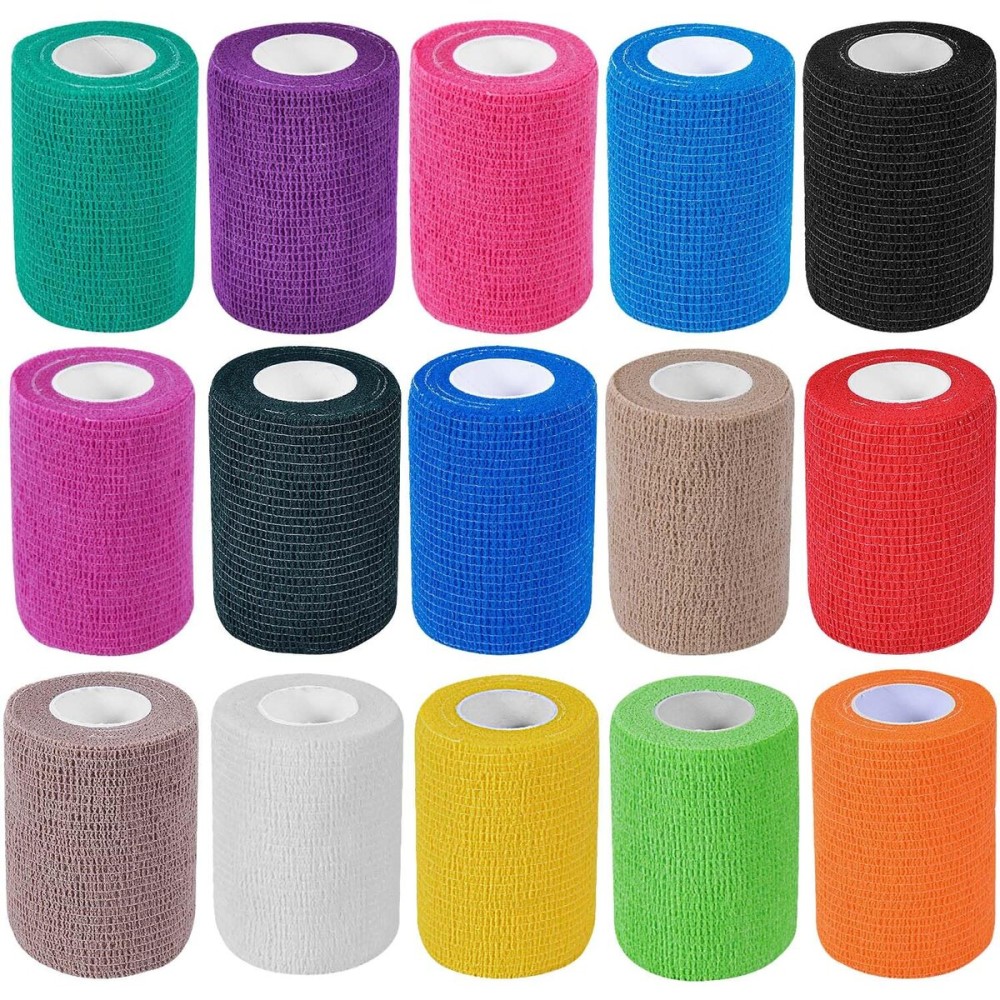 KISEER 15 Pack 3 Inch x 5 Yards Colorful Self Adhesive Bandage Breathable Cohesive Bandage Wrap Rolls Elastic Self-Adherent Tape for Stretch Athletic, Sports, Wrist, Ankle