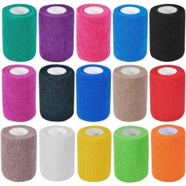 KISEER 15 Pack 3 Inch x 5 Yards Colorful Self Adhesive Bandage Breathable Cohesive Bandage Wrap Rolls Elastic Self-Adherent Tape for Stretch Athletic, Sports, Wrist, Ankle