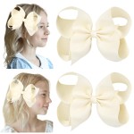 DEEKA 2 PCS 6 Big Hand-made Grosgrain Ribbon Solid Color Hair Bows Alligator Clips Hair Accessories for Little Teen Toddler Girls Kids Set of 2 -Ivory