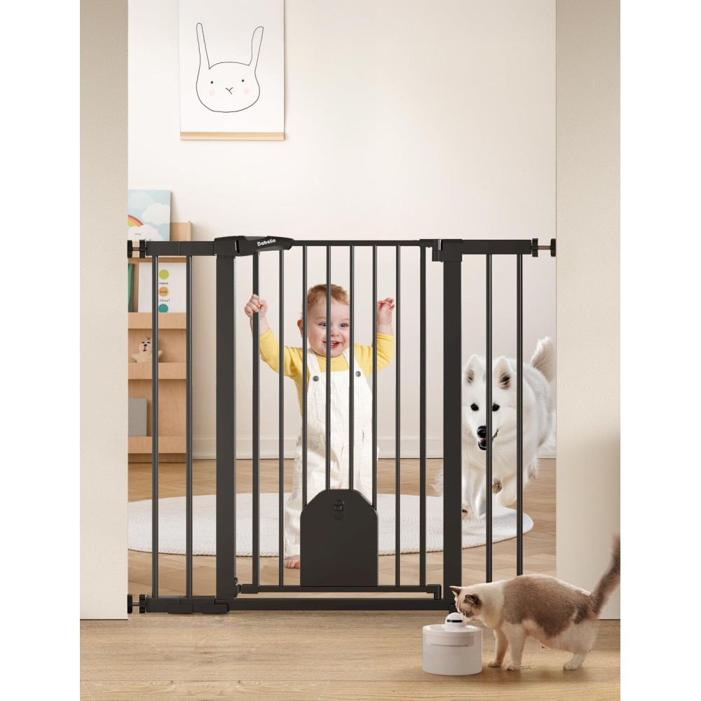 Babelio 36 Tall Auto Close Baby Gate with Small Cat Door, 29-43 Metal Cat Gate for Doorway, Stairs, House. Easy Walk Thru Dog Gate with pet Door, Includes 4 Wall Cups and 3 Extension Pieces, Black