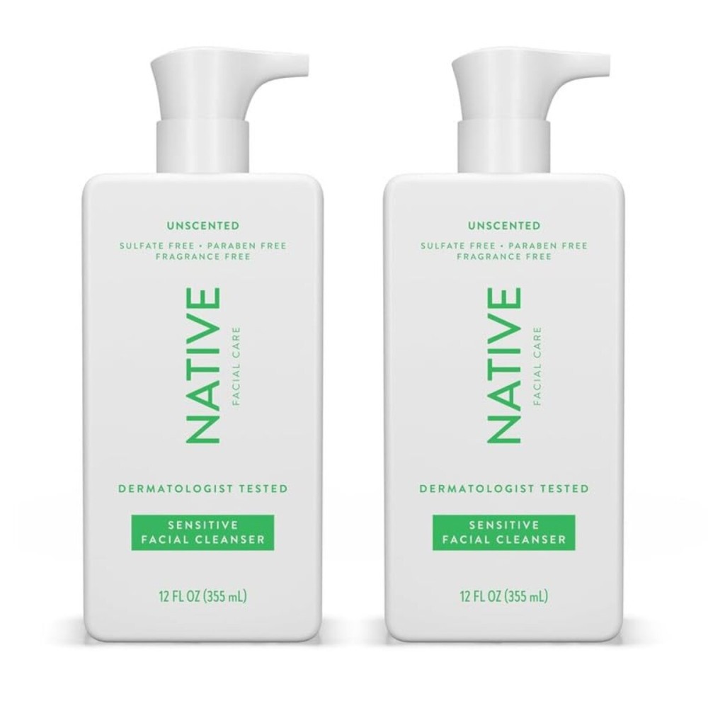 Native Sensitive Face Wash, Spa Day Every Day Facial Cleanser (2 Pack) | Daily Face Cleaner with Aloe and Vitamin B3, Unscented, 12 fl oz