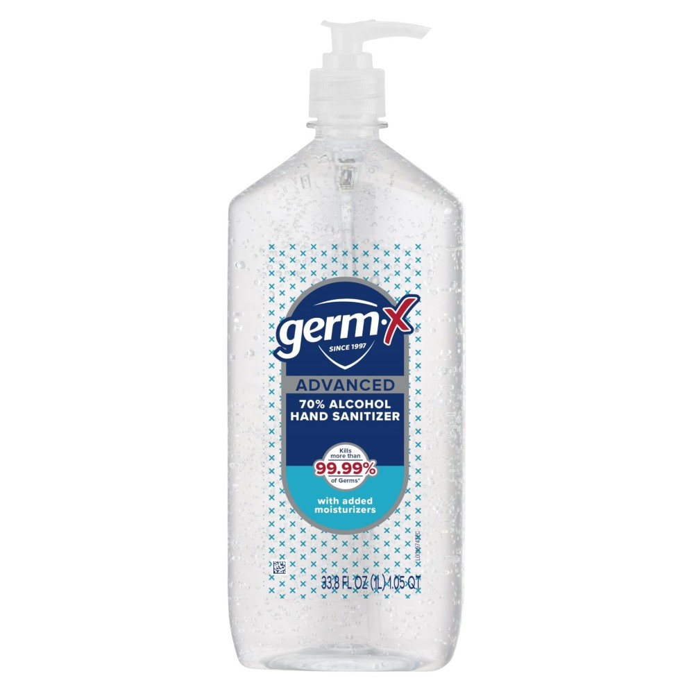 Germ-X Advanced Hand Sanitizer, 34 Fl Oz (1 Liter), Less Drying Moisturizing Clear Gel, No Rinse Formula, Large Family Size Pump Bottle