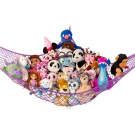 Lilly\'s Love Stuffed Animal Hammock | Corner Hanging Organizer, Toy Storage, Stuffed Animal Storage Net | Made From Quality Fishing Net, Holds 12lbs | 67x47x47 (Party Purple)