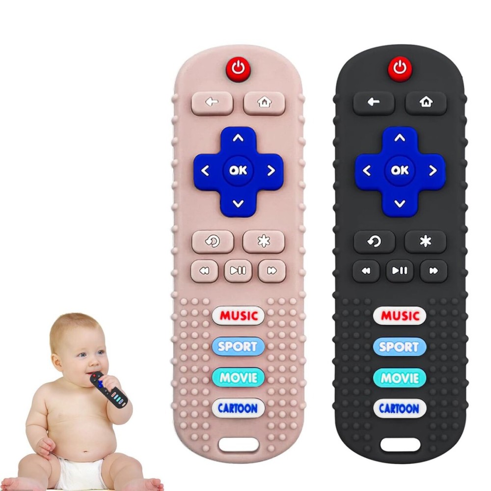 2Pack Teething Toys for Babies, Remote Control Shape Silicone Teether Toys,Baby Teethers for Toddlers Boys Girls (Black + Coral Color)