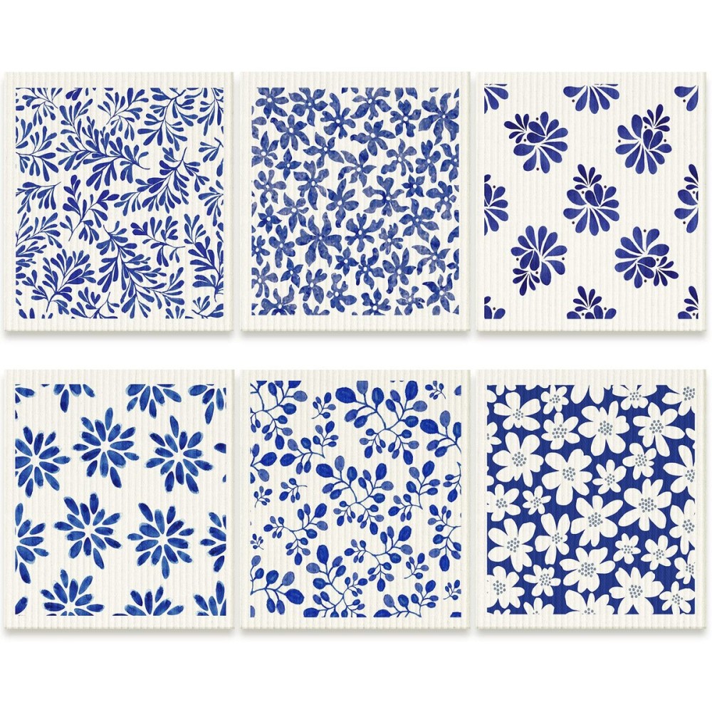 Cunhill 6 Pcs Swedish Kitchen Dish Cloths Kitchen Towels Reusable Sponge Cleaning Cloths Wipes Absorbent Dish Cloth Quick Drying Decor (Blue Leaves)