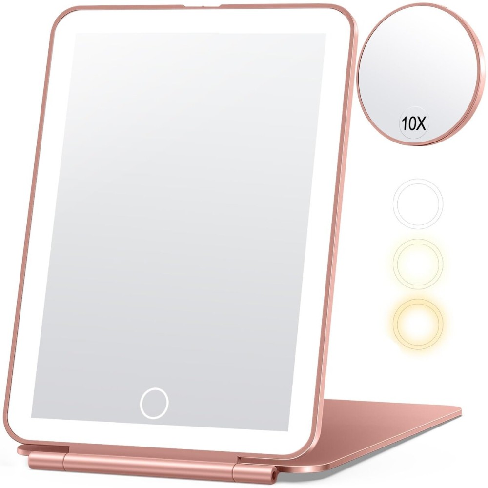 miroposs Rechargeable Travel Makeup Mirror, Vanity Mirror with 80LEDs, 3 Color Lighting, 2000mAh Battery, Portable Ultra Slim Lighted Makeup Mirror, Gift for Women (Rose Gold)
