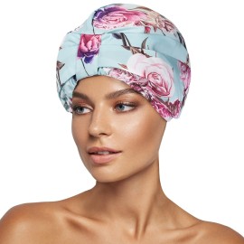 INNELO Luxury Shower Cap for Women Reusable Waterproof, Double Layered Shower Hair Cap with Adjustable Elastic Strap, Large Satin Lined Shower Bath Cap for Long Curly Straight Hair, Green-Flower