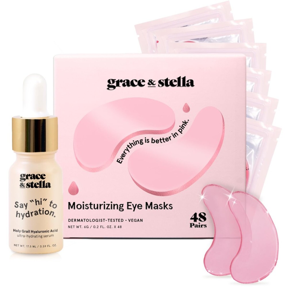 grace & stella Award Winning Under Eye Mask - Reduce Dark Circles, Puffy Eyes, Eye Bags, Wrinkles - Undereye Patches - Friendship Gifts for Women (Pink Eye Mask 48 Pairs + Hyaluronic Acid Serum 17ml)