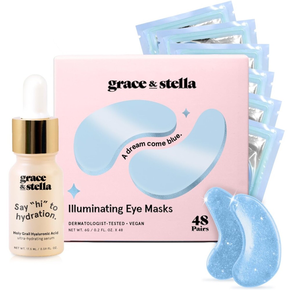 grace & stella Award Winning Under Eye Mask Reduce Dark Circles, Puffy Eyes, Wrinkles - Undereye Patches -White Elephant Gifts for Adults (Blue Eye Mask 48 Pairs + Hyaluronic Acid Serum 17ml)
