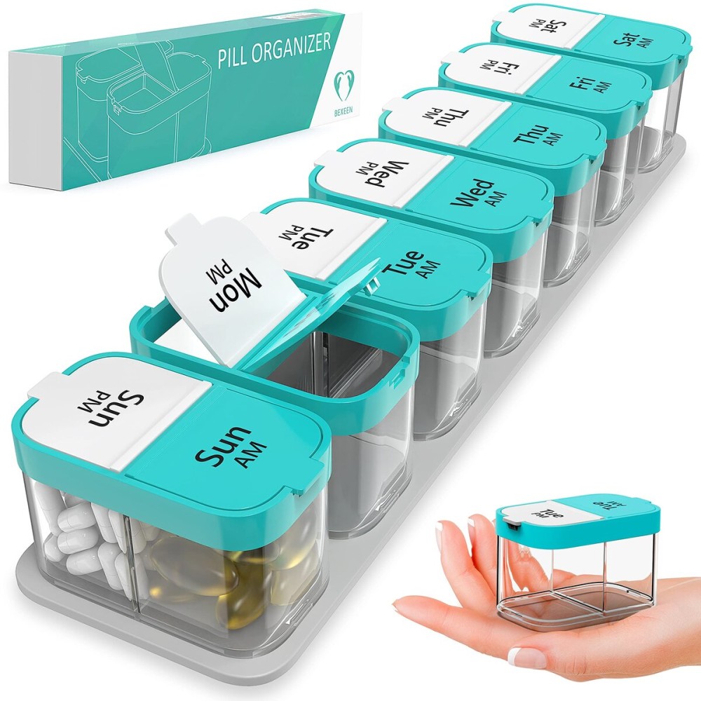 Extra Large Weekly Pill Organizer - XL Vitamin Holder with 7 Detachable AM PM Compartments - Portable Medicine Dispenser for Home and Travel, Big Supplement Container for Weekly or Daily Use, Mint