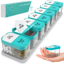 Extra Large Weekly Pill Organizer - XL Vitamin Holder with 7 Detachable AM PM Compartments - Portable Medicine Dispenser for Home and Travel, Big Supplement Container for Weekly or Daily Use, Mint