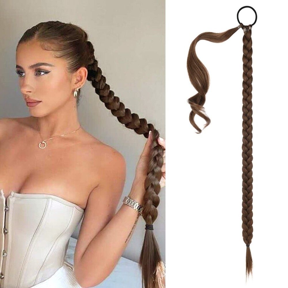 SEIKEA Long DIY Braided Ponytail Extension with Hair Tie Straight Wrap Around Hair Extensions Ponytail Natural Soft Hairpiece Chocolate Brown 34 Inch (After Braided 30 Inch)