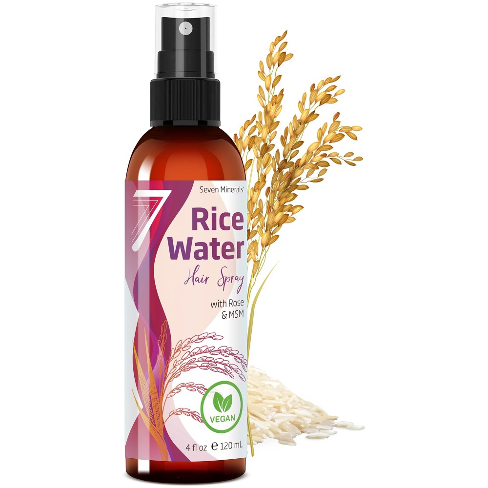Seven Minerals Rice Water Spray for Hair Growth - Fermented with Rose Water Aloe Vera & MSM - Vegan, Non-Greasy, Light, 4 fl oz