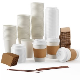 JOLLY PARTY [50 Pack] 12 oz Paper Coffee Cups, Disposable Paper Coffee Cup with Lids, Sleeves, and Stirrers, Hot/Cold Beverage Drinking Cup for Water, Juice or Tea, Suitable for Home, Shops and Cafes