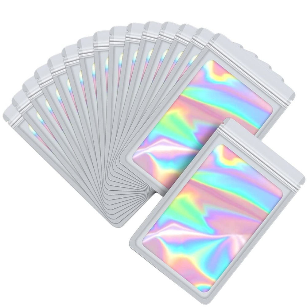 EONJOE 100-pack 68 inch mylar bags with clear window holographic resealable sealable packaging zip bag for small bussiness jewelry candy sample food packing supplies white