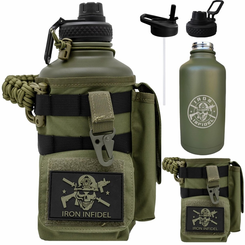Iron Infidel Battle Bottle - Half Gallon Insulated Water Bottle with Paracord Handle, Large 64 oz Stainless Steel Water Jug with Rugged, Removable Sleeve for Keys, Wallet & Phone (Gangrene 2L)