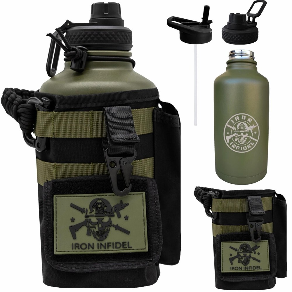 Iron Infidel Battle Bottle - Half Gallon Insulated Water Bottle with Paracord Handle, Large 64 oz Stainless Steel Water Jug with Rugged, Removable Sleeve for Keys, Wallet & Phone (Widowmaker 2L)