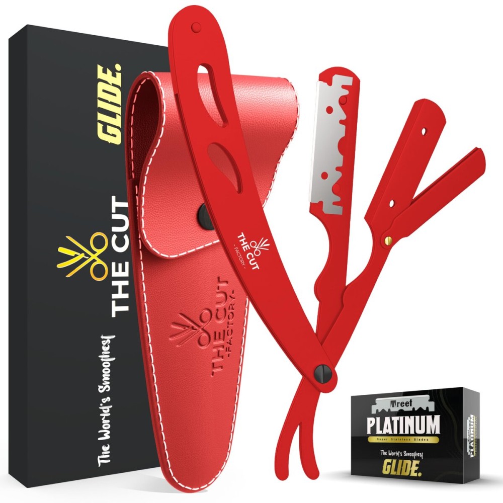 The Cut- Factory- Straight Razor with 20 Pack Platinum Treet Single Blade Razors for Men- Professional Barber Straight Edge Razor for Close Shaving 100 Percent Stainless Steel, Red
