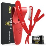The Cut- Factory- Straight Razor with 20 Pack Platinum Treet Single Blade Razors for Men- Professional Barber Straight Edge Razor for Close Shaving 100 Percent Stainless Steel, Red