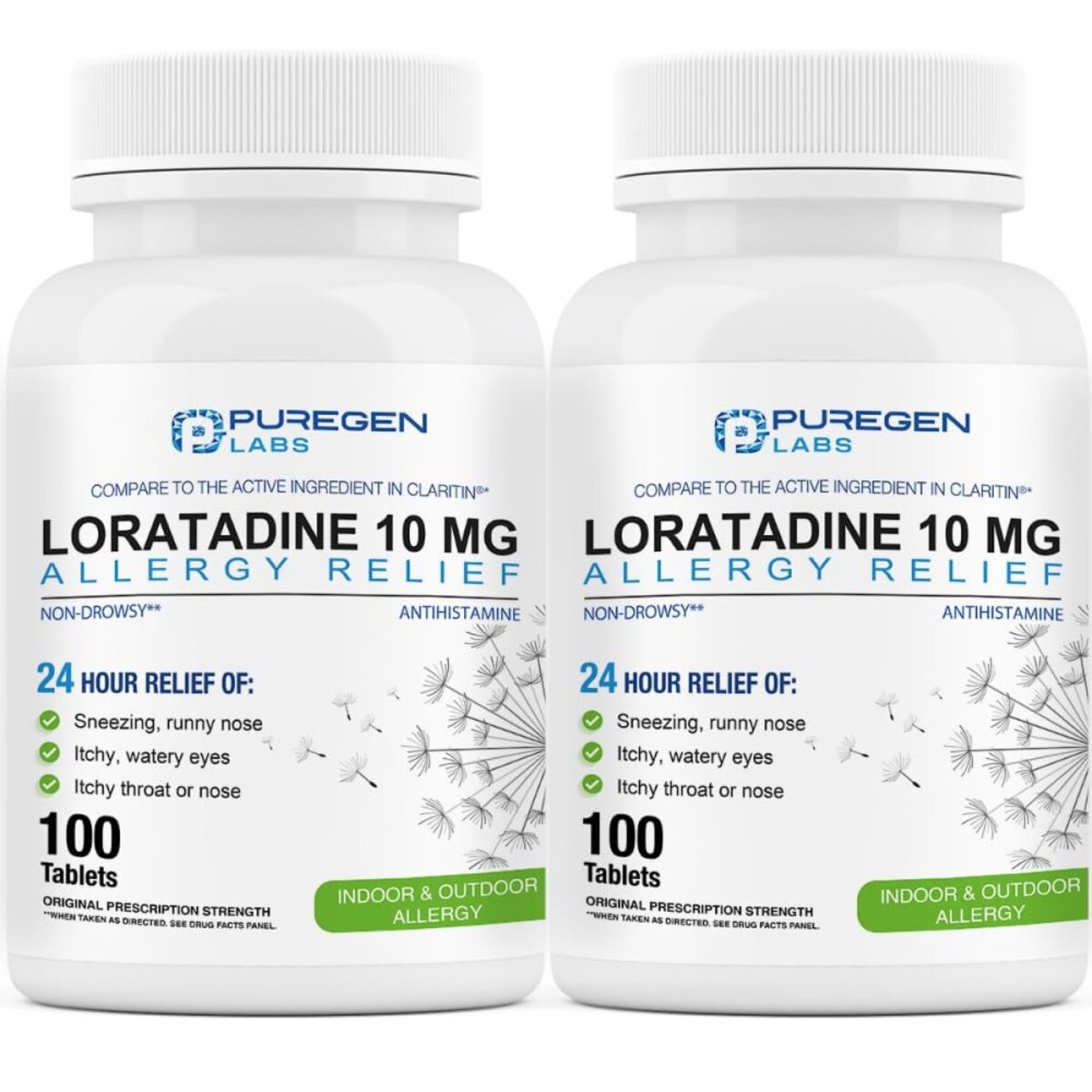 Puregen Labs Allergy Relief, Loratadine 10mg, 100 Tablets - 24 Hour Non-Drowsy Antihistamine Allergy Medicine for Runny Nose, Sneezing, Itchy, Watery Eyes (2)