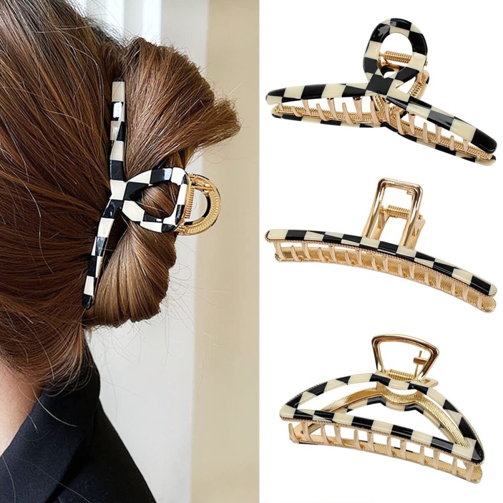 Big Hair Claw Clips Checker Claw Butterfly Barrettes Claw Clips for Women Lattice Design Acetate Claw Clips Metal Hair Clip for Girls Large Hair Accessories for Long Thick Hair 3 Pcs