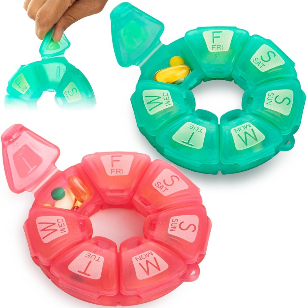 Round Weekly Pill Organizer, Soft-Touch Silicone, Travel Pill Container 7 Day, with 7 Large Compartments, Cute Pill Case with Large Letters and Braille (2 pcs Green Rose)