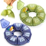 Round Weekly Pill Organizer, Soft-Touch Silicone, Travel Pill Container 7 Day, with 7 Large Compartments, Great for Daily Vitamins & Supplements, Cute Pill Case with Large Letters and Braille (2 pcs)