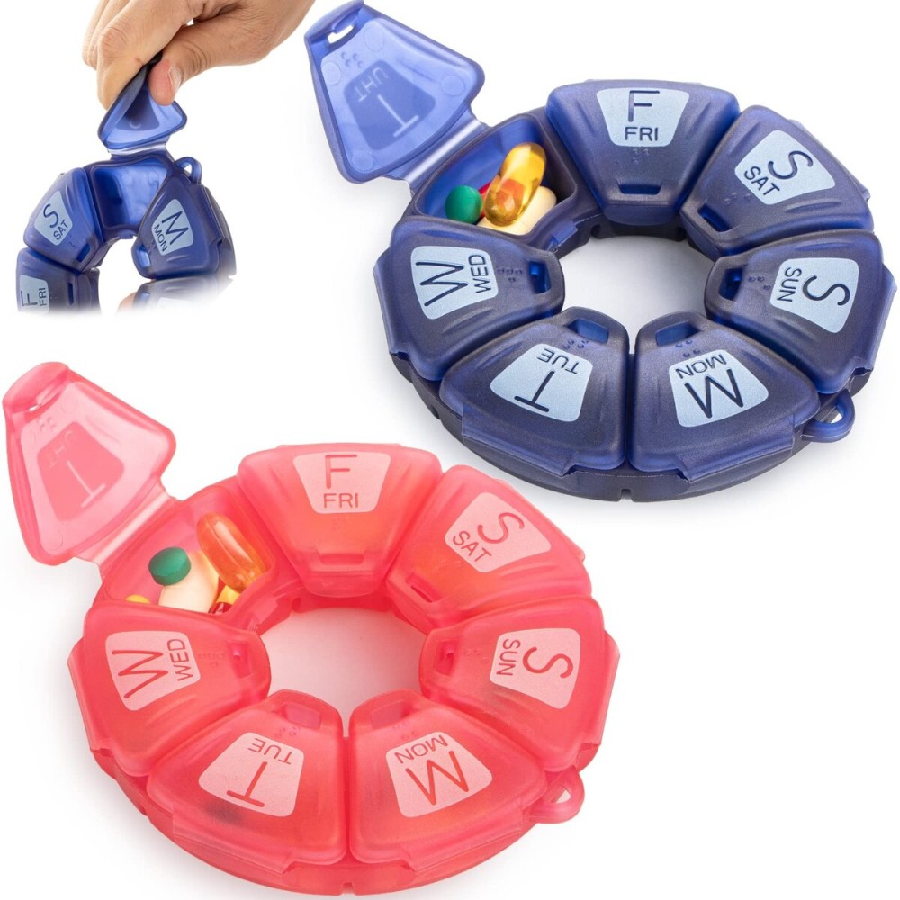 Round Weekly Pill Organizer, Non-Slip Silicone, Travel Pill Container 7 Day, with 7 Large Compartments, Great for Daily Vitamins & Supplements, Cute Pill Case with Large Letters and Braille (2 pcs)